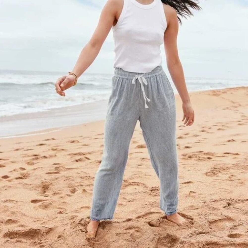 Aerie Real Good Gauze High Waisted Pant Size Small Pinstripe Blue & White - Picture 2 of 13